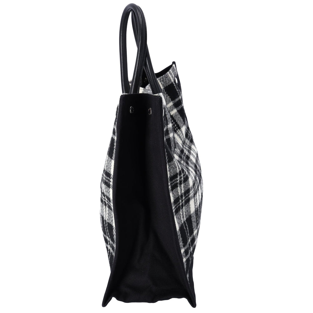 Saint Laurent Rive Gauche Tote Bag 499290 Black White Plaid Wool Leather