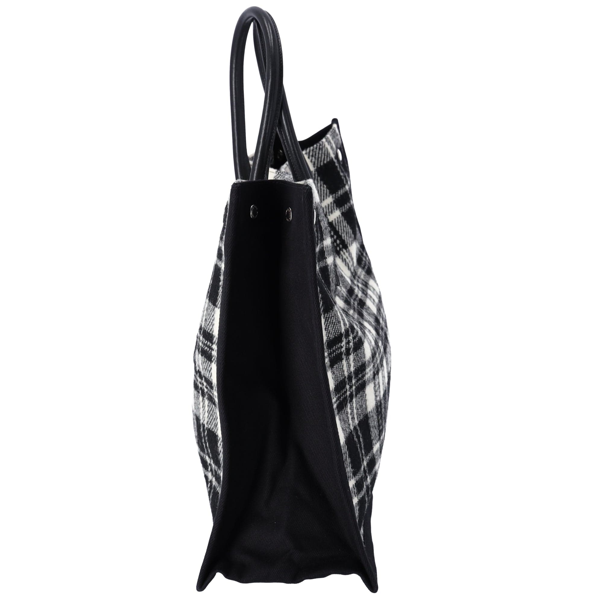 Saint Laurent Rive Gauche Tote Bag 499290 Black White Plaid Wool Leather