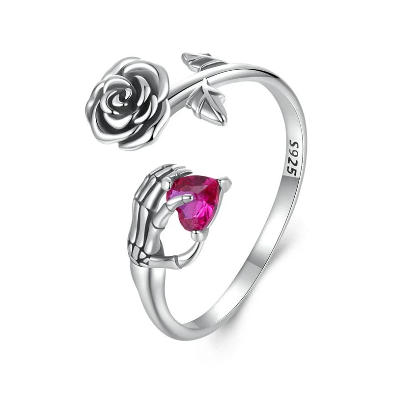 Skeleton Hand & Rose Adjustable Ring