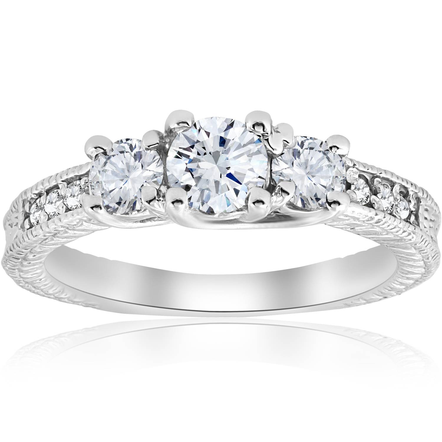1ct Vintage Diamond Three Stone Engagement Ring 14K White Gold Size Selectable