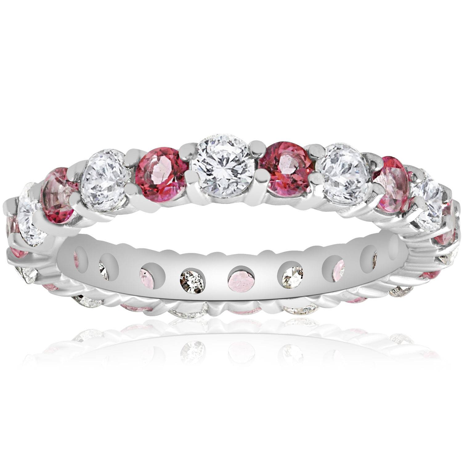 2 CT Diamond & Pink Topaz Eternity Ring 14K White Gold Size Selectable
