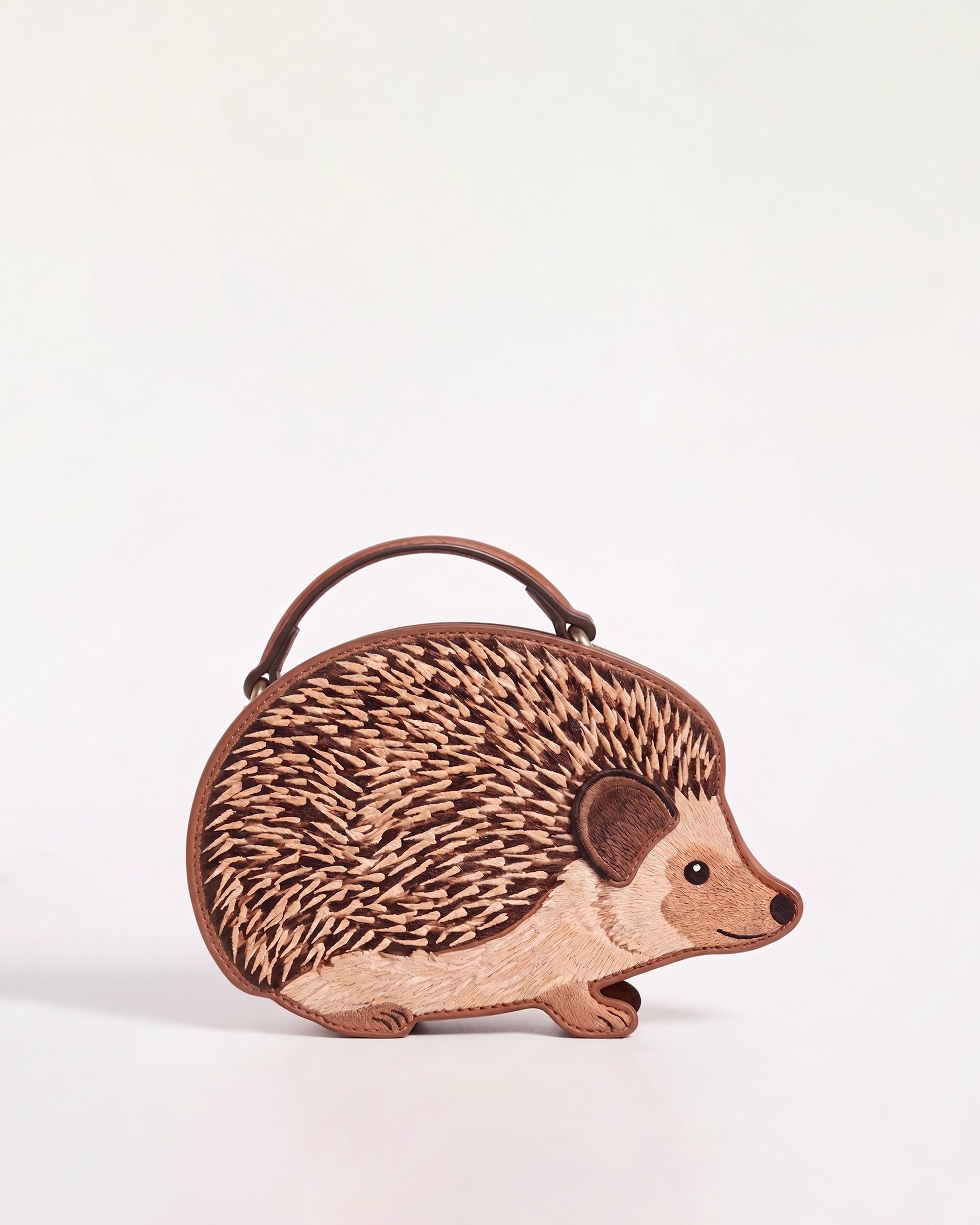 Embroidered Hedgehog Top Handle Bag - Brown