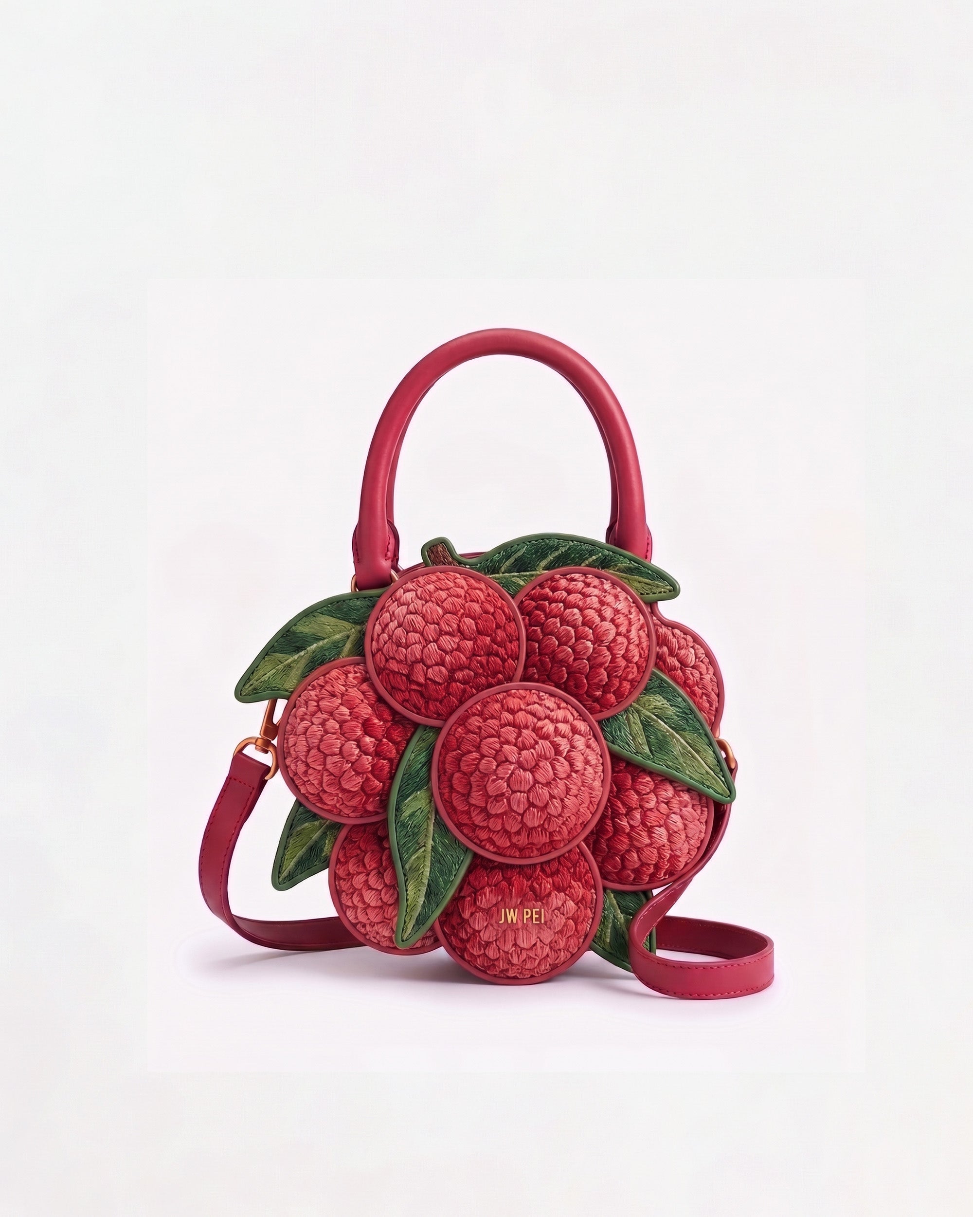 Lychee Embroidered Top Handle Bag - Red