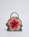 Hibiscus Embroidered Top Handle Bag - Turquoise