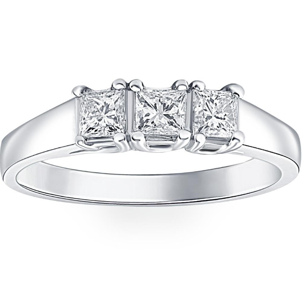 1ct Three Stone Princess Cut Diamond Ring 14K White Gold Size Selectable