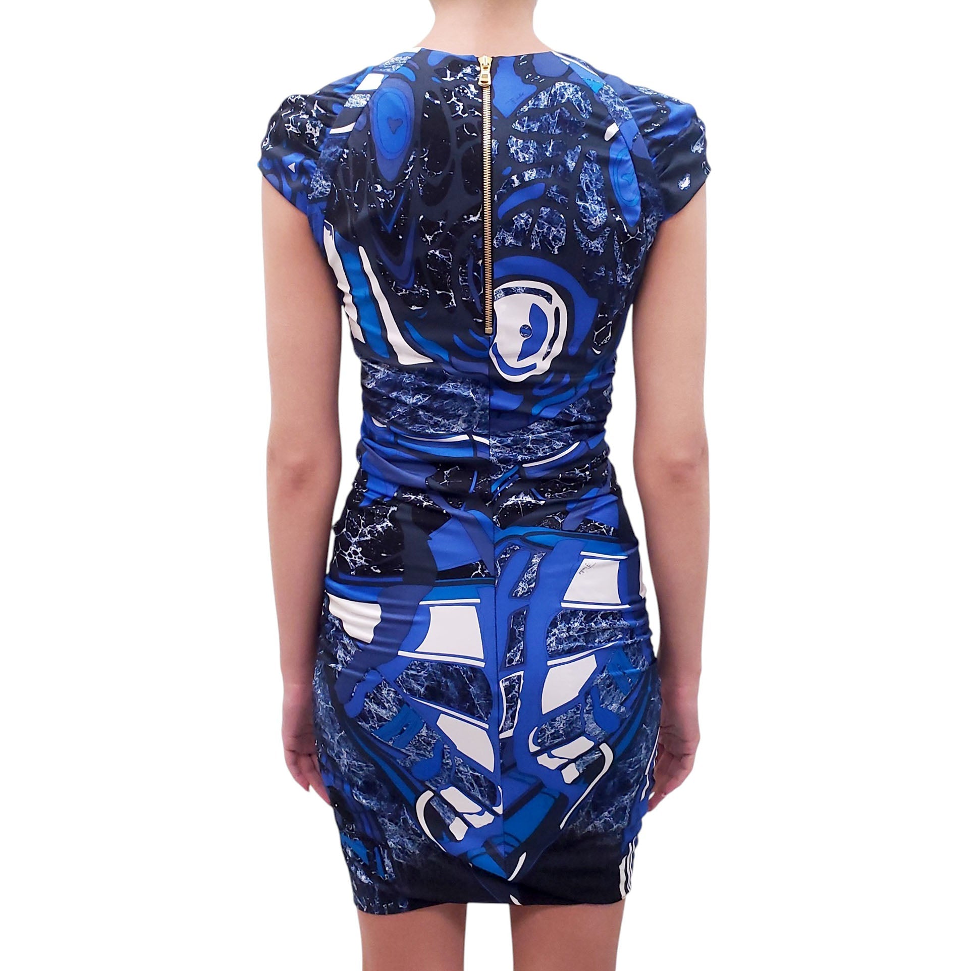 EMILIO PUCCI BLUE PATTERNED RUCHED DRESS - SIZE 6