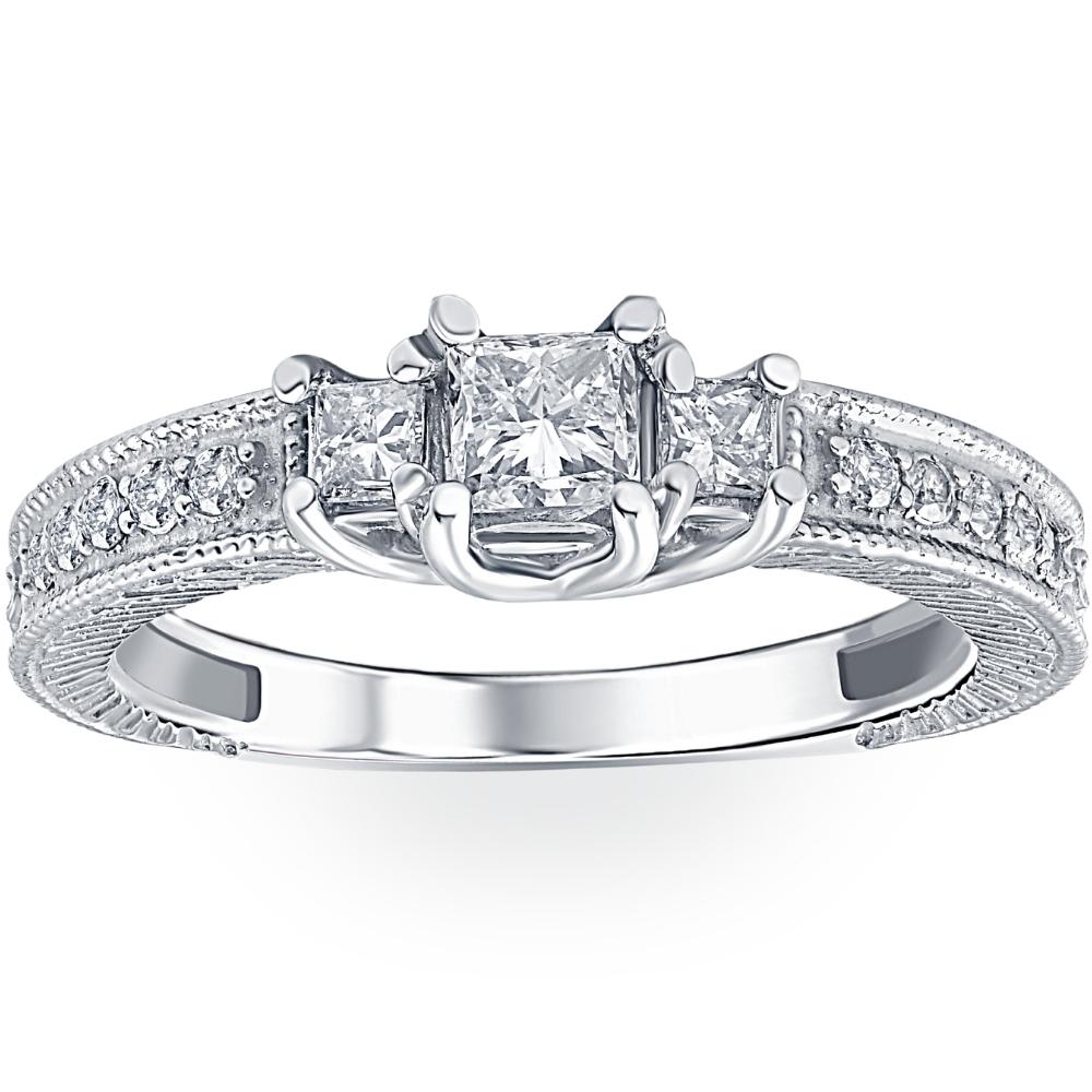 1/2ct Vintage Three Stone Princess Cut Diamond Engagement Ring 14K White Gold Size Selectable