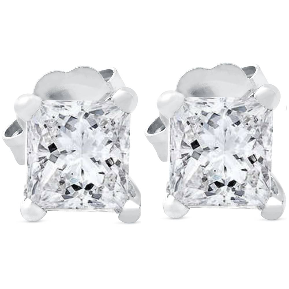 1ct Princess Cut Real Diamond Studs 14K White Gold