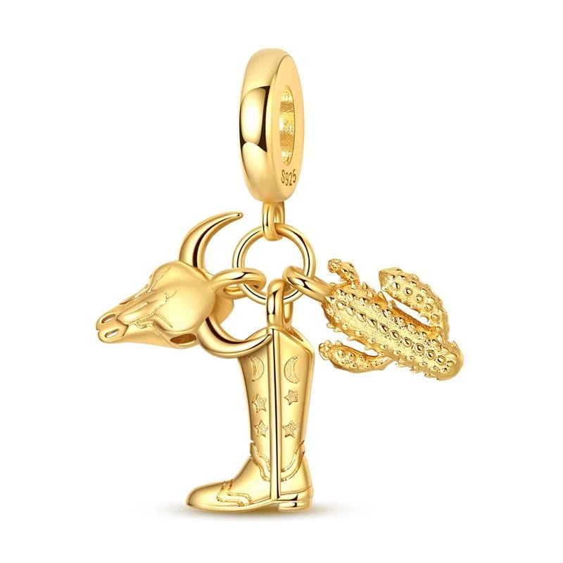 Western Cowboy Boot, Bull Skull & Cactus Dangle Charm