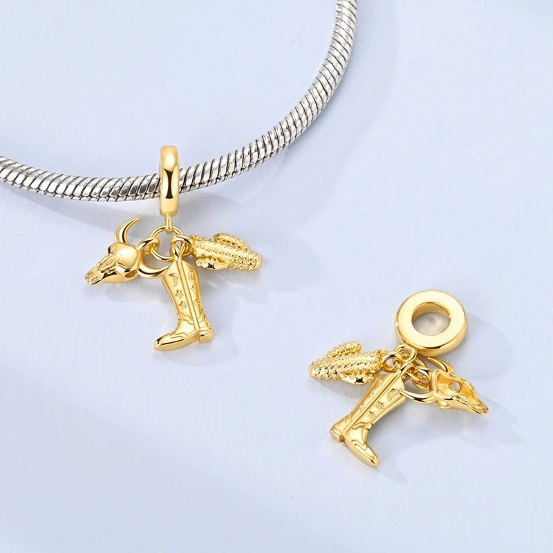 Western Cowboy Boot, Bull Skull & Cactus Dangle Charm