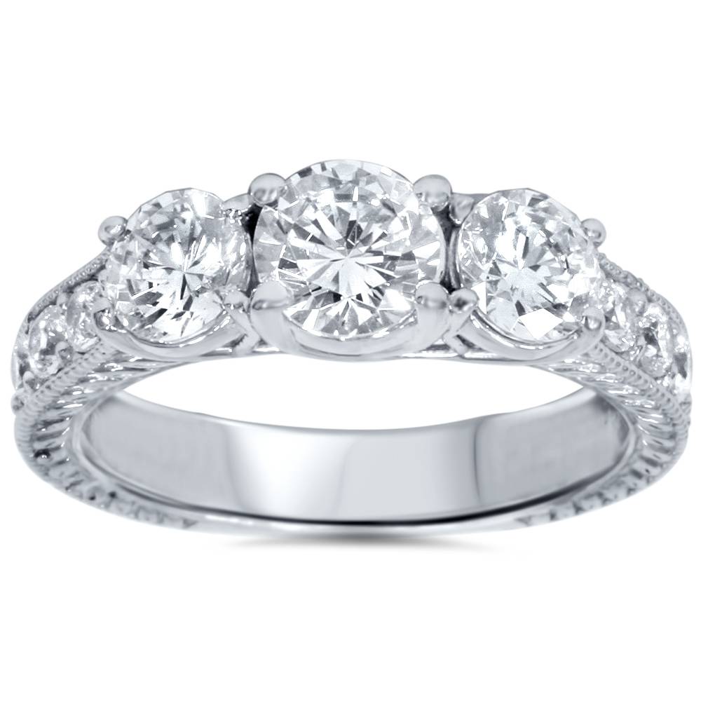 2ct Vintage Three Stone Round Diamond Engagement Ring 14K White Gold Size Selectable