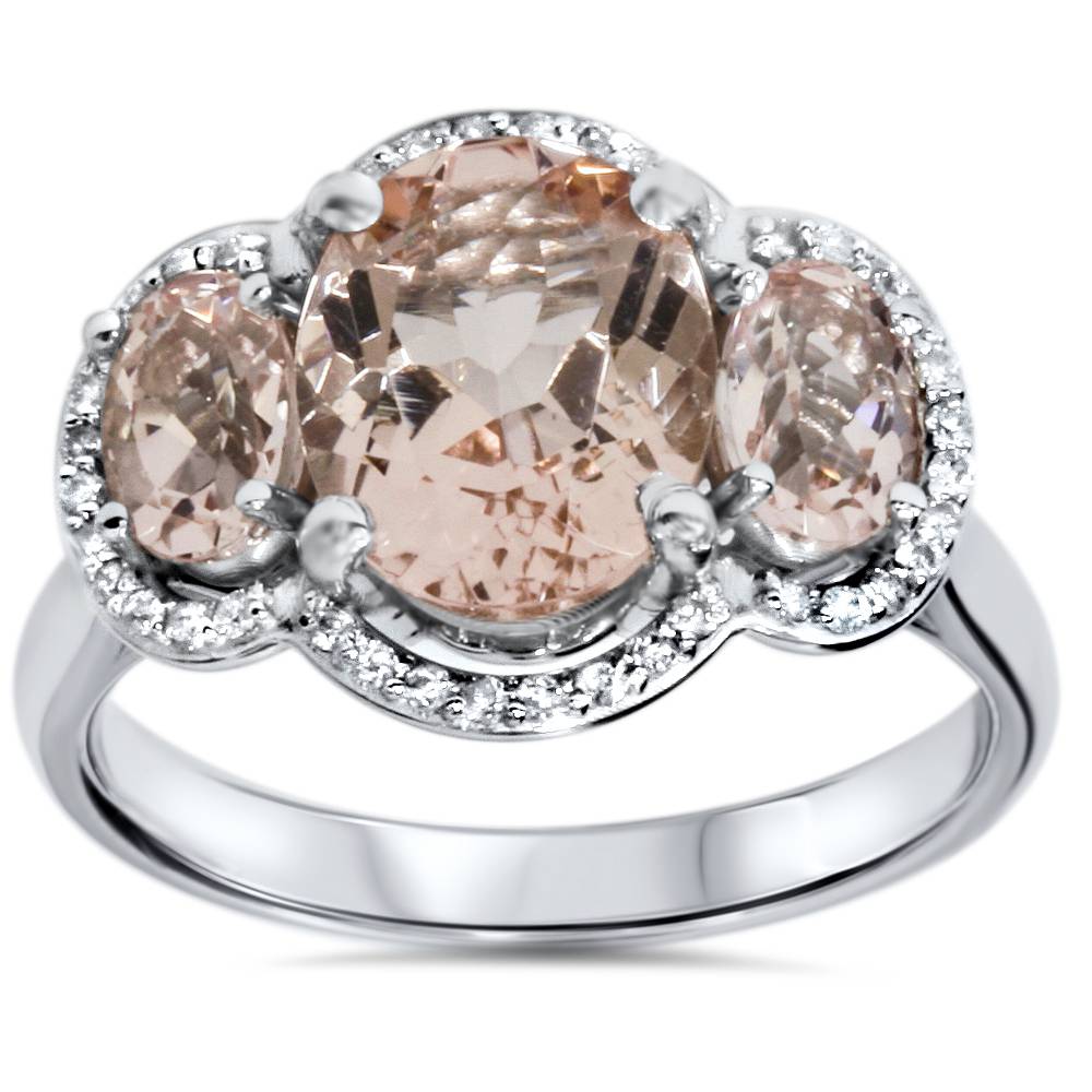 2 3/4ct 3 Stone Oval Morganite & Diamond Halo Ring 14K White Gold Size Selectable