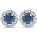 2 1/5 Ct Halo Diamond & Blue Sapphire Studs 14k White Gold