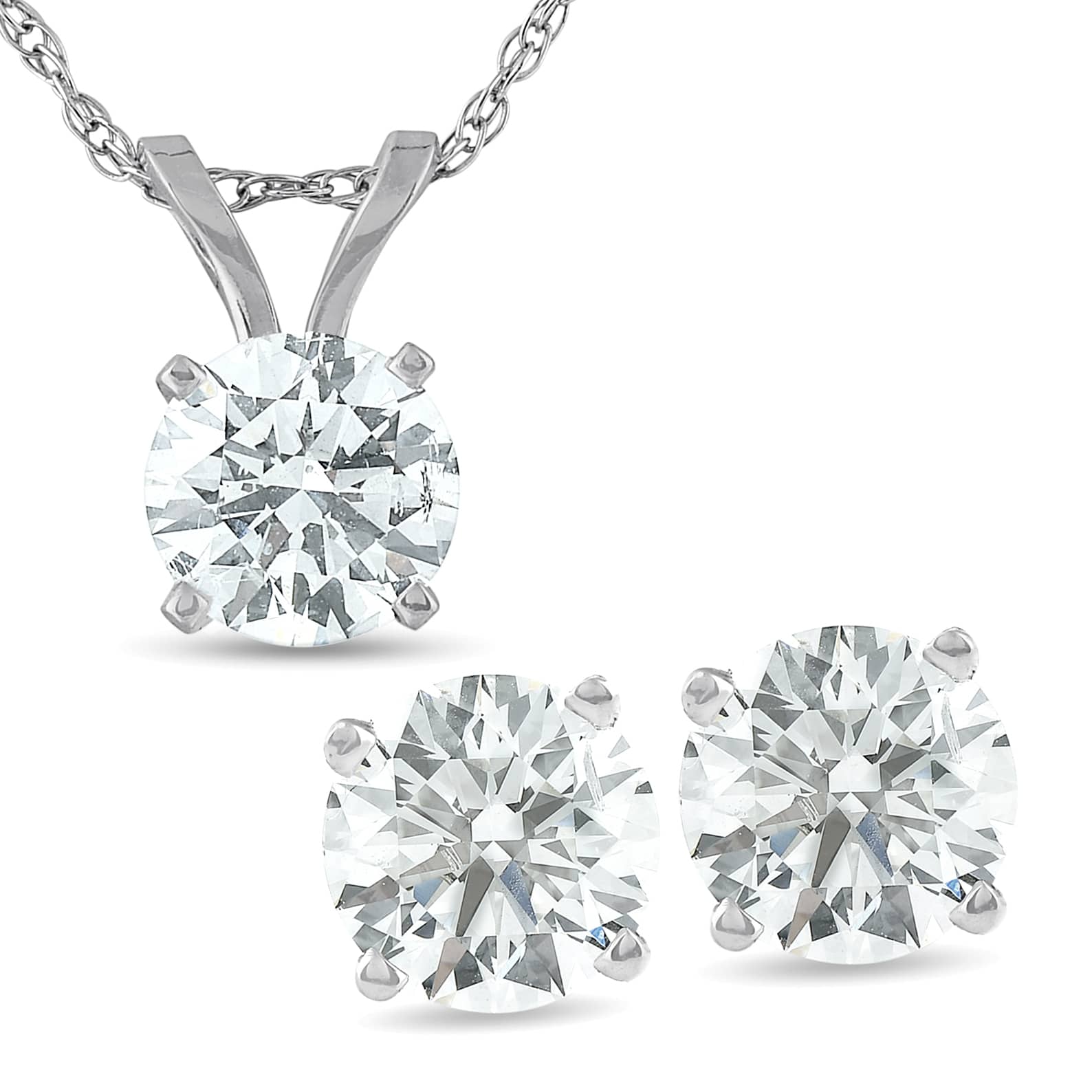 2 Cttw Diamond Solitaire Necklace & Studs Earrings Set 14K White Gold